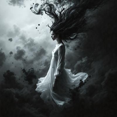 The primary subject of the image is a woman with long hair, dressed in a white dress, and standing in a dark, cloudy sky. The setting is a nighttime scene with a dramatic atmosphere. The visual style is a combination of a photo and digital art, creating a surreal and dreamy effect. The colors are predominantly dark, with the woman's white dress standing out against the dark sky. The overall mood of the image is mysterious and enchanting.